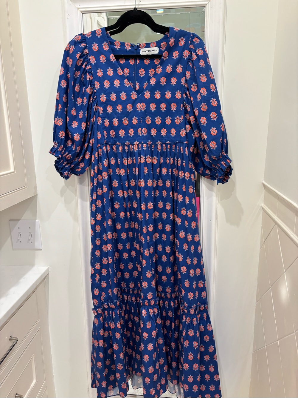 Hunter Bell Palmer Dress Oxford Foulard Puff Sleeve Midi Blue Floral Retired XL - Picture 2 of 6